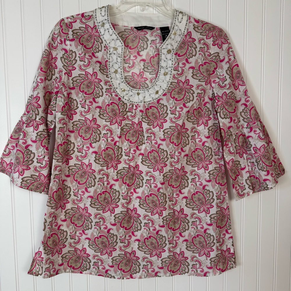 New York & Company Blouse Women Size Med Pink Beaded Cotton Boho Fairycore Artsy